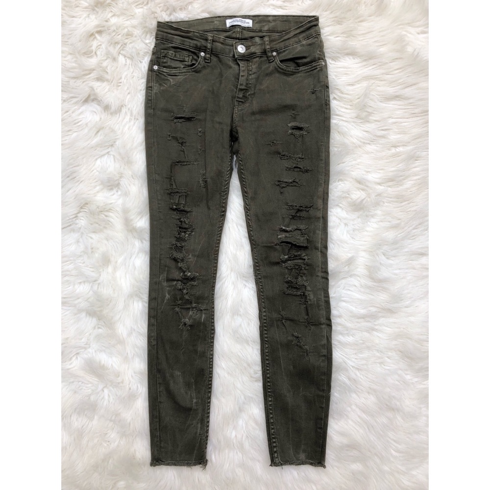 Zara Distressed Raw Hem Olive Skinny Jeans